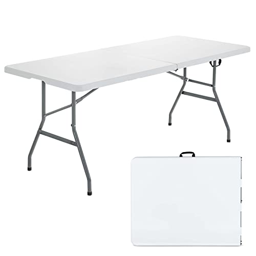 Goplus Folding Tables, 6ft Foldable Plastic Card Table, Portable Heavy Duty Fold Up Table w/Handle, White Outdoor Utility Folding Table for Picnic, Party, Dining, Camping, Beach, BBQ, No Assembly