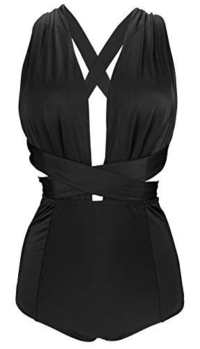 COCOSHIP Classic Solid Vintage One Piece V-Neck Swimsuit Bather High Waisted Criss Cross Maillot Cruise Swimwear XXXL