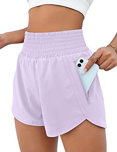 BMJL Women's Athletic Shorts High Waisted Running Shorts Pocket Sporty Shorts Gym Elastic Workout Shorts(L,Violet)