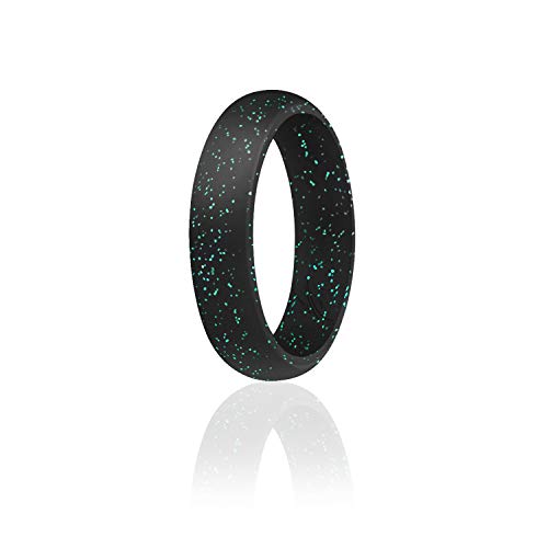 ROQ Silicone Rubber Wedding Ring for Women, Dome Solid Glitter & Metallic, Rubber Silicone Wedding Band, Anniversary Rings, Promise Ring, 5.5mm Wide 2mm Thick, Single, Black with Glitter Turquoise, Size 9