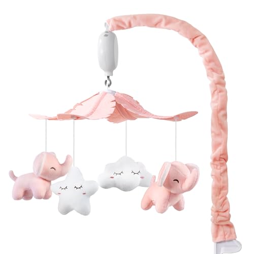 FEISIKE Baby Crib Mobile for Girls Boys with 3 Modes Digital Musical Motor（Rotating Only, Music Only, Rotating & Music), 35 Lullabies, Pink Elephant Nursery Mobile, Knob Type