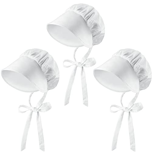 ZJoey 3 Pcs White Mob Cap Costume Pioneer Bonnet Women's Colonial Bonnet Grandma Night Hat Accessories with Adjustable Straps(3 Pcs White)