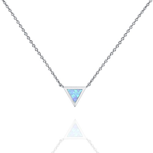 PAVOI 14K White Gold Plated Triangle Created Blue Opal Necklace | Opal Necklaces for Women