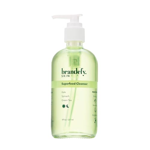 Brandefy Superfood Gentle, PH Balanced Gel Face Wash with Kale, Green Tea, Spinach, Vitamin C, E, K2, Antioxidants - Brightening, Vegan Face Wash for All Skin Types, 8 fl. oz.