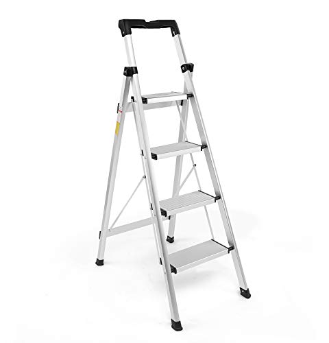 4 Step Ladder, Folding Step Stool with Anti-Slip Pedal and Tool Tray, Lightweight Aluminum Home Ladder for Home Kitchen Office