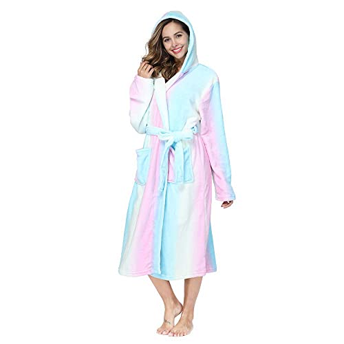 RONGTAI Womens Robes Plush Fleece Print Rainbow Hooded Bathrobe Thick Nightgown with Pockets Fluffy Sleepwear XX-Large