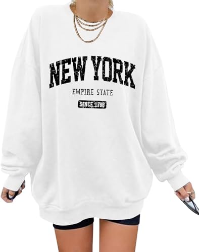 ORANDESIGNE Oversized Graphic Sweatshirt for Women Long Sleeve Crewneck Pullover Casual Fall Hoodie Tops 2024 NEW YORK White Large