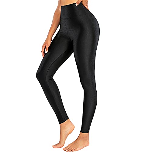 Sghenr Women's High Waisted Yoga Pants Tummy Control Shiny Sports Tights Workout Leggings (Black,XL)