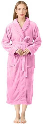 NY Threads Women's Fleece Shawl Collar Bathrobe Plush Long Spa Robe, Large, Pink