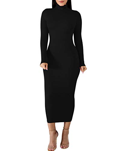 BORIFLORS Women's Sexy Basic Long Sleeve Turtleneck Bodycon Party Long Pencil Dress,Large,Black