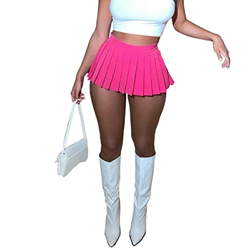 Women's Mini Pleated Skirts Sexy Club Y2k High Wiast Stretchy Tennis Skater A-line Skirt(Rose M)