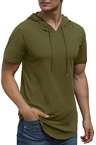 OLRIK Big And Tall Hoodies For Men Black Pullover Workout Shirts Summer Short Sleeve Sport Mens Sweatshirt Army Green-2X