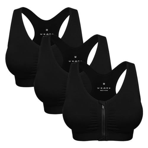 Women's Zip Front Sports Bra Wireless Post-Surgery Bra Padded Surgical Bra Front Close Bralette Racerback Yoga Sports Bras 3 Pack Zipper Closure Workout Bra(XX-Large, 3 Pack Black)