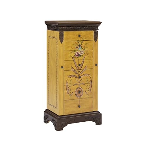 Powell Furniture Golden Antique Parchment Jasleen Hand Painted Flip-Up Mirror Top Powell, Seven Drawer Jewelry Armoire