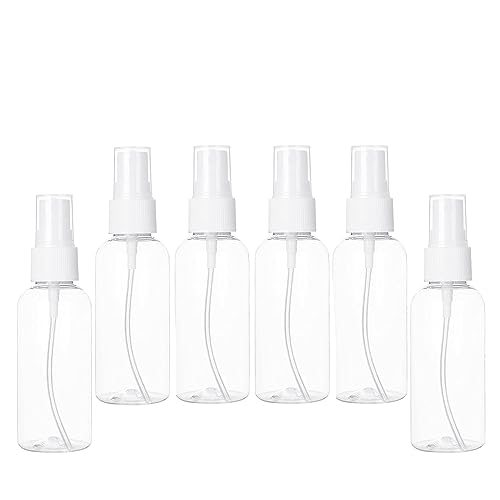 VIGOR PATH Mini Travel Spray Bottles, 2oz/50ml Clear Empty Plastic Containers with Fine Mist Sprayer, Set of 6 with Labels Included