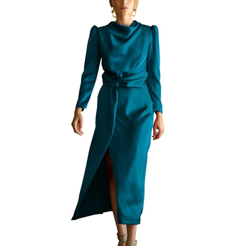 Bess We Women's Satin Bridesmaid Dress Long Sleeve High Waist Split Bodycon Wedding Guest Dress with Slit Evening Formal Gown Lakeblue M