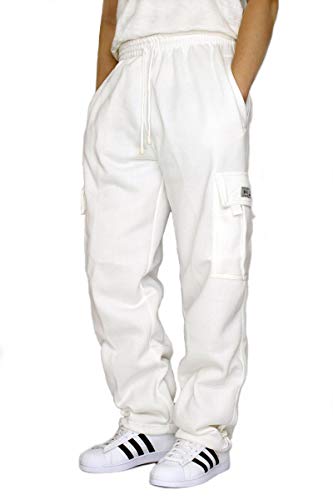 DREAM USA Men's Heavyweight Fleece Cargo Sweatpants, White, XX-Large