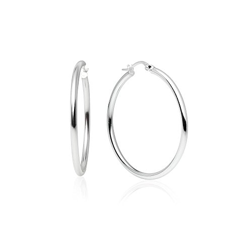 Sterling Silver Hoop Earrings, Round-tube Design, Shiny Polish Finish with Click-Top Closure, Tarnish and Nickel Free, 35mm Diameter