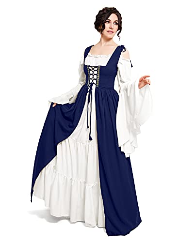 Mythic Renaissance Medieval Irish Costume Over Dress & Cream Chemise Set (L/XL, Indigo)