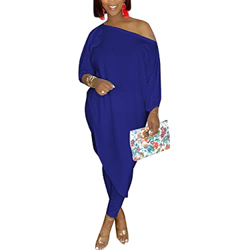 MESLIMA Women's Casual 3/4 Sleeve Set Solid One Off Shoulder Irregular Pullover Skinny Long Pant 2 Piece Clubwear Blue 2XL