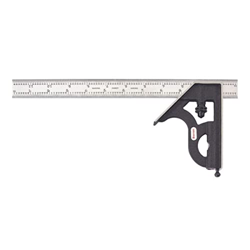 Starrett Steel Combination Square with Square Head - 12' Blade Length, Cast Iron Head, Hardened Steel, Reversible Lock Bolt, Scriber, 4R Graduation Type - C11H-12-4R