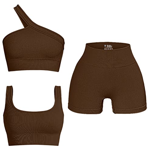 OQQ Women's 3 Piece Outfits Ribbed Seamless Exercise Scoop Neck Sports Bra One Shoulder Tops High Waist Shorts Active Set Coffee