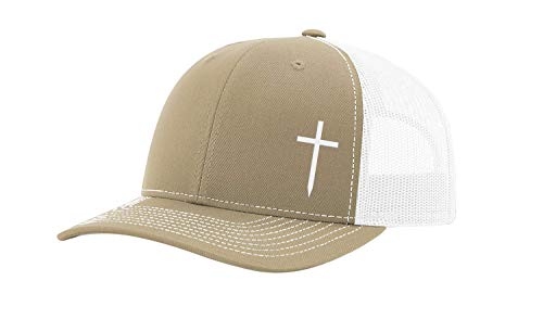 Trenz Shirt Company Christian Embroidered Cross Hat, Khaki/White