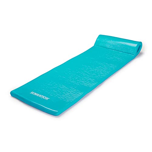 TRC Recreation Sunsation 1.75' Thick Vinyl Coated Foam Pool Lounger Swim Float Mat with Roll Pillow for Head and Neck Support, Tropical Teal