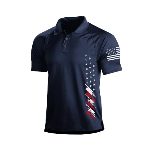 H HYFOL Short Sleeve Polo Shirts for Men Graphic Stretch Casual American Patriotic Raglan Golf Polos for Men(Navy Blue,XL)
