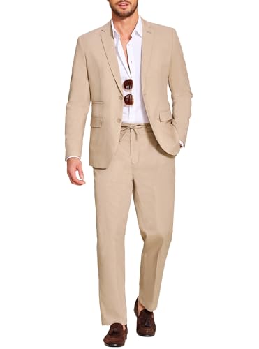 COOFANDY Mens Casual Linen Blazer and Pants 2 Piece Suits Lightweight Summer Beach Wedding Suit Jacket Pant Khaki