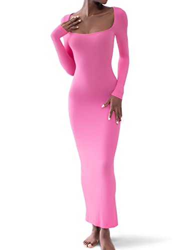 PUMIEY Long Sleeve Dress for Women Maxi Dress Sexy Bodycon Dresses for Women Wedding Guest Dresses Pink Dress Bubblegum Small