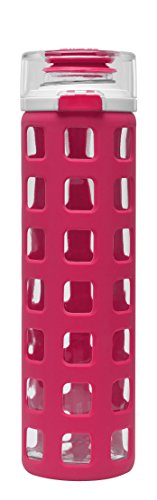 Ello Syndicate Glass Water Bottle with One-Touch Flip Lid and Protective Silicone Sleeve and Carry Loop, BPA Free, Dishwasher Safe, Pink, 20oz