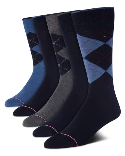 Tommy Hilfiger Men's 5 Pack Signature Dress Crew Socks, Navy Argyle, Shoe Size 7-12