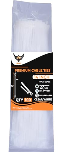 Nirah 14 Inch Zip Cable Ties (100 Pack), Self-Locking, UV Resistant Premium Nylon Heavy Duty White/Clear Cable Wire Ties, Temper proof and ideal for Indoors and Outdoors Use