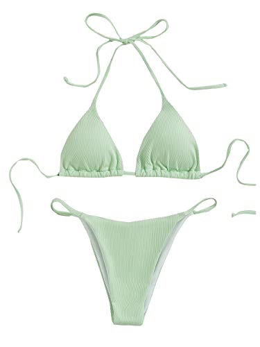 MakeMeChic Women's Halter Tie Side Triangle Bikini Set high Cut 2 Piece Bikini Swimsuit Bathing Suit Mint Green Solid S