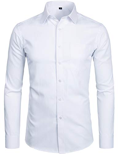 ZEROYAA Men's Long Sleeve Dress Shirt Solid Slim Fit Casual Business Formal Button Up Shirts with Pocket ZSSCL01 White Medium