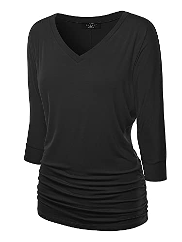 Made By Johnny MBJ WT1036 Womens V Neck 3/4 Sleeve Dolman Top with Side Shirring M Black