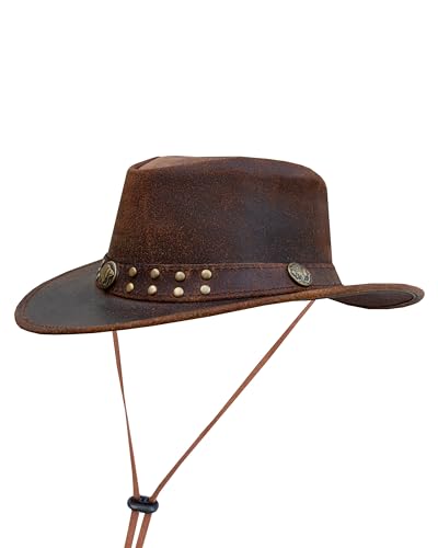 Dream Apparel Men's Brown Top-Grain Premium Leather Western Cowboy Studded Hat for Halloween Deadman Top Hat