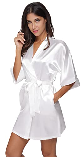 The Bund Womens Pure Colour Short Kimono Robes with Oblique V-Neck White Small