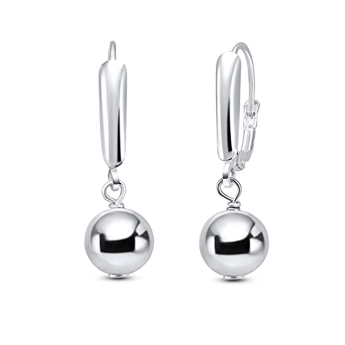 Silver Dangle Earrings for Women | Silver Ball Earrings | 8mm Polished Shiny Bead Leverback Drop Earrings for Women Girls Fashion Trendy Dainty