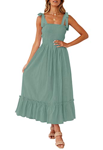 ZESICA Women's 2024 Summer Boho Spaghetti Strap Square Neck Solid Color Ruffle A Line Beach Long Maxi Dress,Green,Small