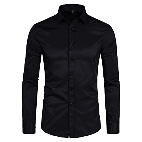 DELCARINO Men's Long Sleeve Button Up Shirts Solid Slim Fit Casual Business Formal Dress Shirt Black Medium
