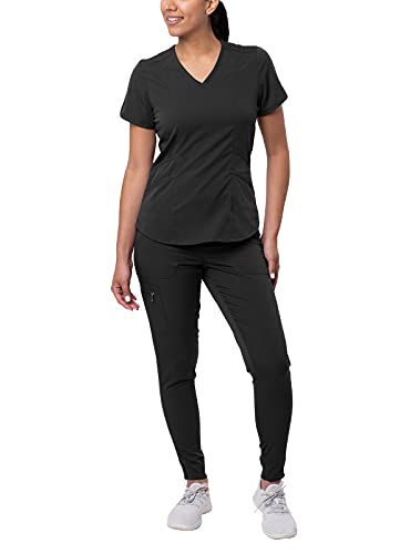 Adar Uniforms Pro Modern Athletic Scrub Set for Women, Modern V-Neck Scrub Top & Yoga Jogger Scrub Pants, P9500, Black, M