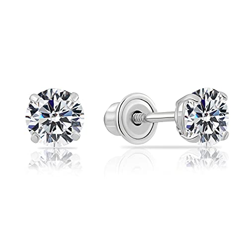 14k White Gold Solitaire Round Cubic Zirconia CZ Stud Earrings in Secure Screw-backs (4mm)…