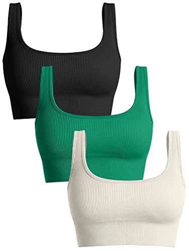 OQQ Women's 3 Piece Medium Support Tank Top Ribbed Seamless Removable Cups Workout Exercise Sport Bra Black Green1 Beige