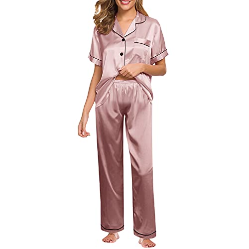 Pajamas for Women Set Summer Silk Satin Plus Size Nightgowns Sexy Loose Comfy Casual Short Sleeve Tops and Pants Suits Pink