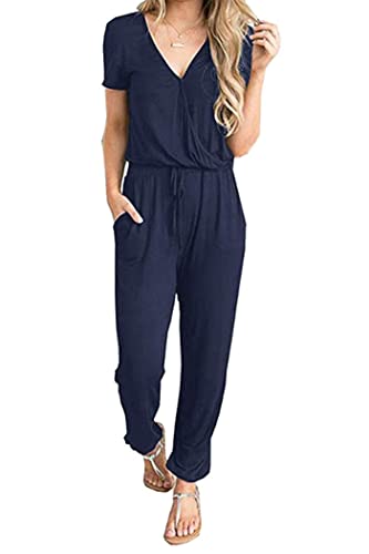 PRETTYGARDEN Women's Summer Casual Deep V Neck Short Sleeve Wrap Drawstring Waist Jumpsuit Romper (Navy,Large)