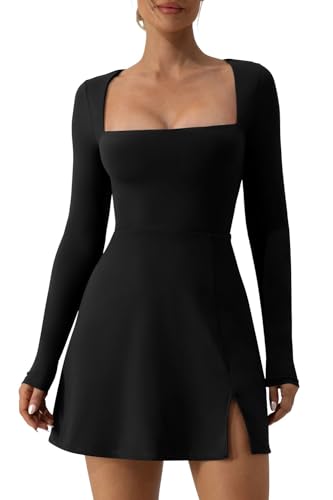 QINSEN Woman's Solid Black Mini Dress Long Sleeve Square Neck Stretch Flare Dresses M