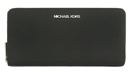 Michael Kors Jet Set Travel Continental Zip Around Leather Wallet Wristlet (Black Kent Nylon Recycled), Medium