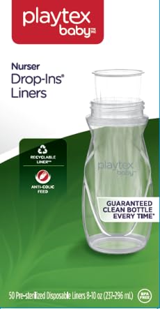 Playtex Baby Nurser Pre-Sterilized Disposable Drop-Ins Bottle Liners, Closer to Breastfeeding, 8 Oz, 50 Count